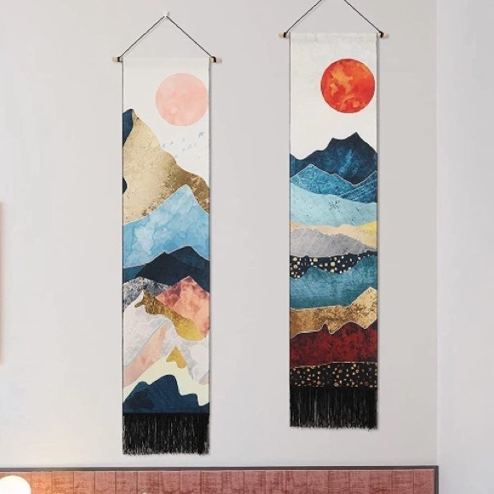 Retro Mountain Sunset/Sunrise Vintage Modern Outdoor Landscape Art Tapestry Set